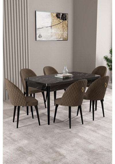 Milas Siyah Mermer Desen 80x132 Mdf Açılabilir Mutfak Masası Takımı 6 Adet Sandalye Kahverengi Milas Siyah Mermer Desen 80x132 Mdf Açılabilir Mutfak Masası Takımı 6 Adet Sandalye Kahverengi