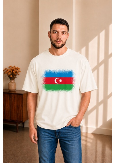 Sngl Tekstil Erkek Oversize Azerbaycan Bayrak Baskılı Kısa Kollu Tişört S M L Xl 2xl Ekru