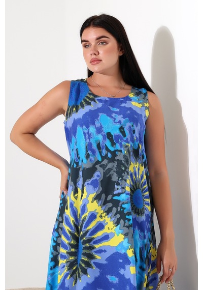 Likapa Yazlık Askılı Viskon Elbise 2691 Mavi Sarı Batik
