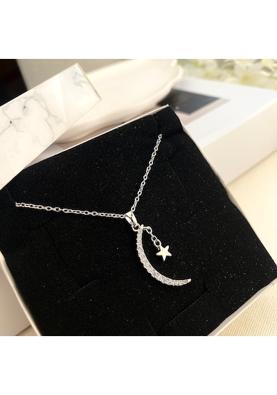 Ay Yıldızlı Kolye Kadın Kolye Zirkon Taşlı 45cm Silver