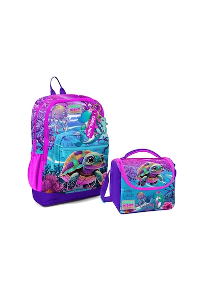 Coral High Dört Bölmeli Kız Çocuk Okul Sırt Çantası ve Beslenme Seti - Pembe Mor Kaplumbağa