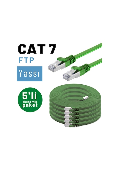 5 adet IRENIS CAT7 Kablo Yassı FTP Ethernet Kablosu, 2 mt Yeşil