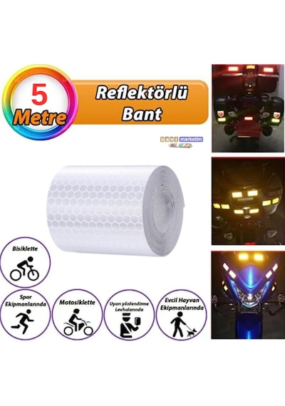 Reflektörlü Reflektif Fosforlu Şerit Bant Petekli Reflekte I Kaz Bandı 5 Cm X 5 Metre Beyaz