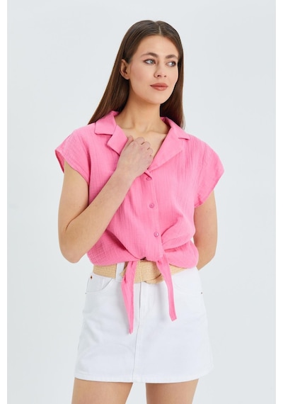 Mixray 4555 Kadın Önü Bağlamalı Müslin Crop Gömlek Pembe