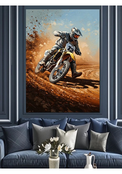 Ahşap Tablo Toprak Yolda Hızlı Motokros Sürücüsü