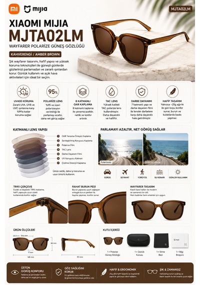 Mijia Wayfarer Polarize 8 Katmanlı Oar Kaplama Unisex Güneş Gözlüğü Tac Lens Kahverengi Mjta02lm