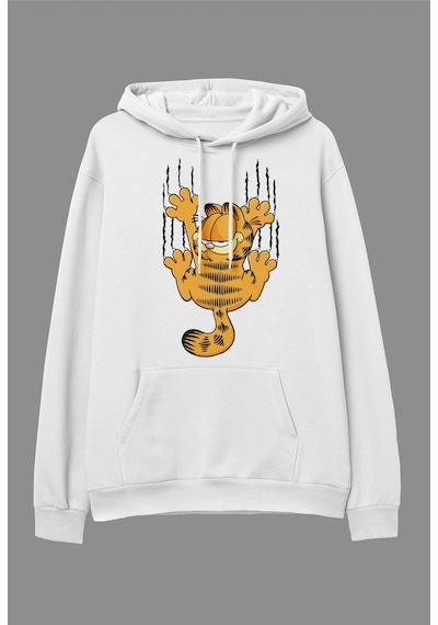 Tarzsokak Oversize Garfield Tasarım Baskılı Kapüşonlu Sweatshirt Hoodie Beyaz