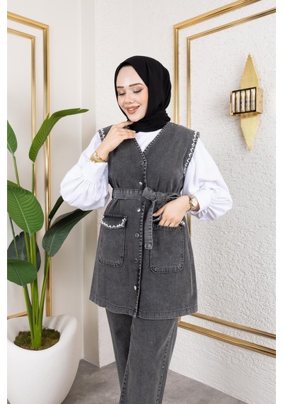 Harman Butik Kadın Boncuk İşlemeli Kuşaklı Yelek-pantolon 2li Takım Siyah Siyah