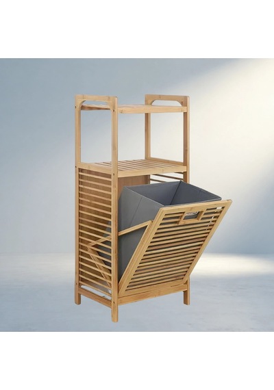 Çek Aç Sepetli Ahşap Bambu Kirli Çamaşır Sepeti 40x35x95cm Açık Ahşap