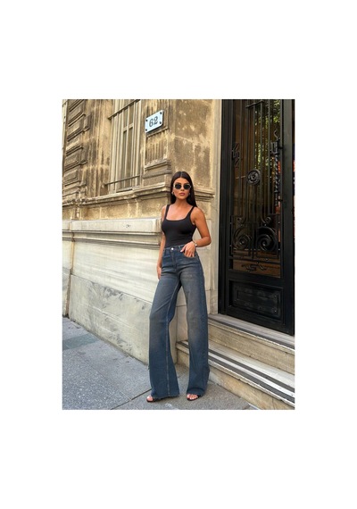 Zdnjeans Kadın Yüksek Bel Wide Leg Palazzo Jeans Pantolon Koyu Mavi
