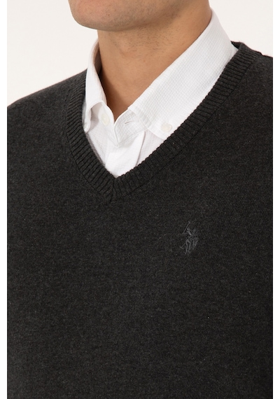 U.S. Polo Assn. Erkek Slim Fit V Yaka Antrasit  Melanj Basic Triko Kazak 50313662-VR081