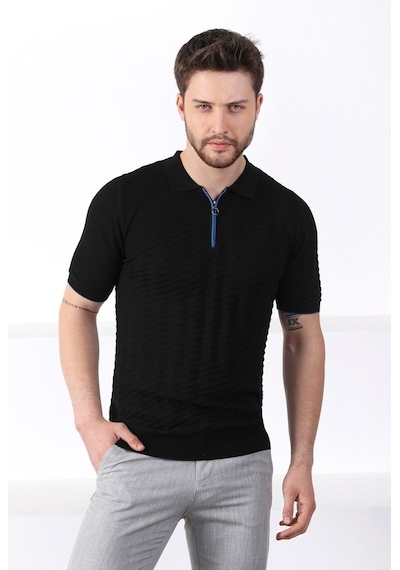 Ferraro Siyah Polo Yaka Fermuarlı Erkek Pamuk Triko T-Shirt-Siyah (417942134) Siyah
