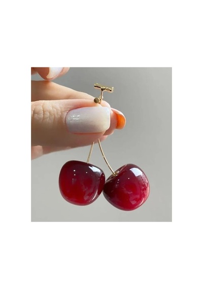 Çeri Sallantılı Kırmızı Kiraz Cherry Figürlü Gold Altın Küpe