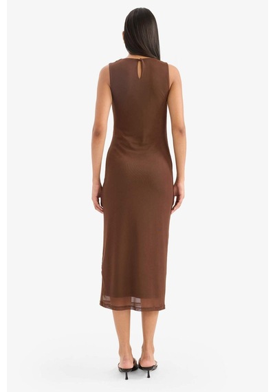 Defacto Bodycon Vücudu Saran Yuvarlak Yaka Tül Kolsuz Midi Elbise D8036ax25aubn320 Kahve