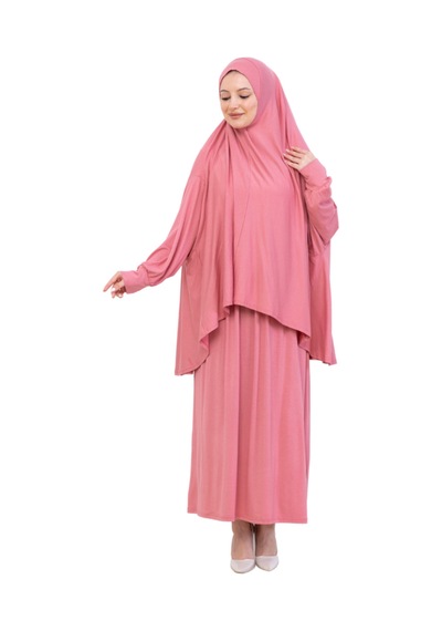 Modish Group İki Parça Namaz Elbisesi Uzun Pamuklu Tesettür Giyim Abaya & Başörtüsü Set Gül Kurusu
