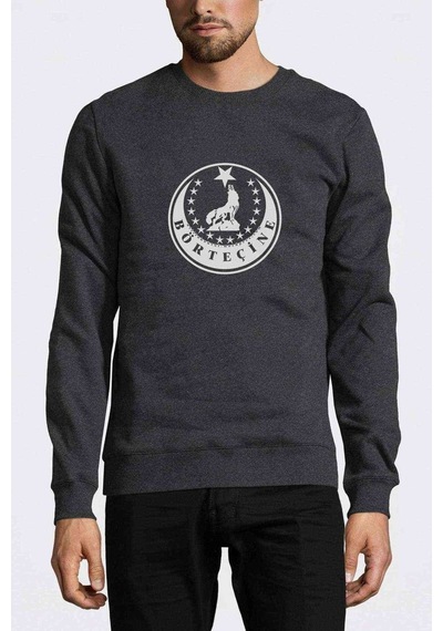 Börtecine Logo Baskılı Füme Antrasit Erkek Örme Sweatshirt