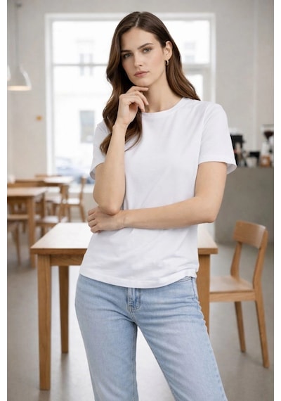 Alfanora Kadın Bisiklet Yaka Tişört Regular Kalıp Basic Pamuklu Günlük Kullanım T-shirt - Beyaz Beyaz