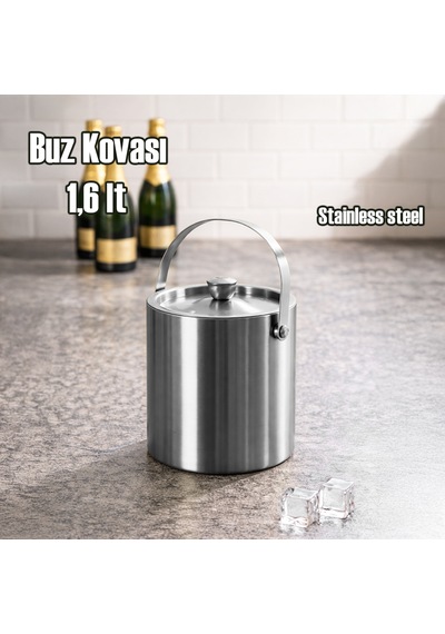 Porsima Lf-1,6 Termoslu Çift Cidarlı İki Katmanlı Paslanmaz Çelik 1,6lt Buz Kovası Kapaklı Buzluk Gümüş Gümüş