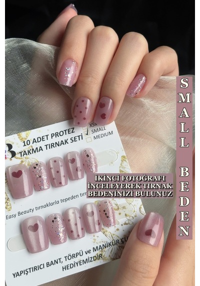 Kedi Gözü Small Beden Kısa Küt 10 Adet Takma Tırnak Seti T058 Pembe-kırmızı Kalp