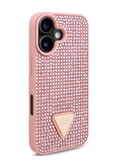 Apple Uyumlu iPhone 16 Plus Kılıf Guess Lisanslı Üçgen Logolu Taşlı Kapak Pembe
