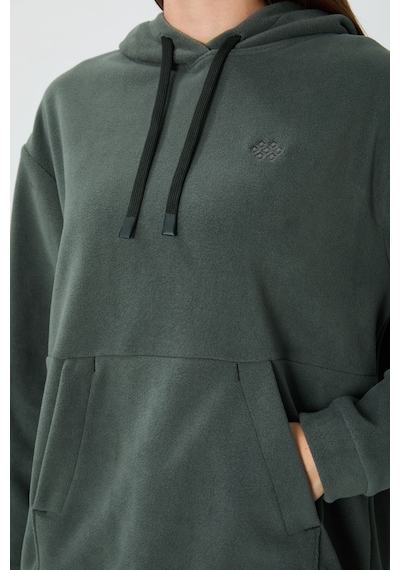 Tommy Life Haki Kalın Yumuşak Dokulu Kapüşonlu Oversize Nakışlı Polar Kadın Sweatshirt - 97292 Haki
