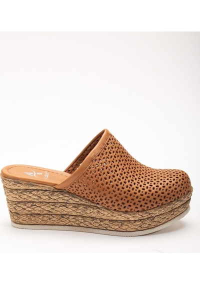 Analin Shoes Kadın Hakiki Deri Burnu Kapalı Dolgu Topuk Terlik Taba