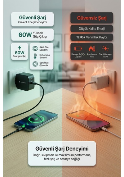 60w Çift Portlu Usb-c Girişli Akıllı Hızlı Şarj Adaptör Kablo Seti - Pd Ve Qc Destekli