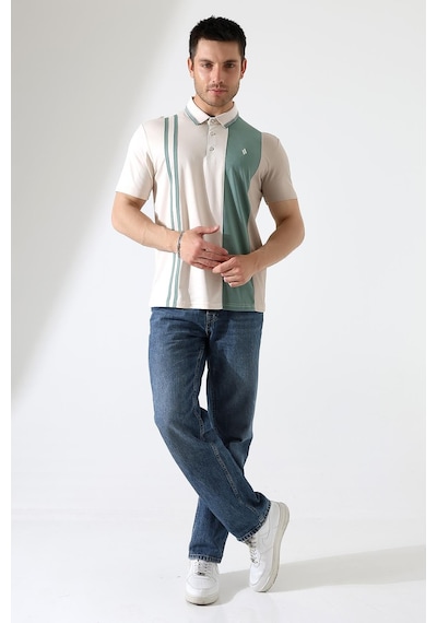 Rıbana Classıc Erkek Çizgili Şerit Detaylı Pamuklu Polo Yaka T-shirt Ekru