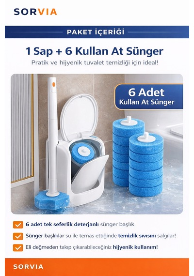 Kullan At Deterjanlı 6'lı Sünger Başlıklı Tuvalet Fırçası Seti Hijyenik Wc Temizlik Fırçası Beyaz