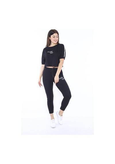 Kadın-Alt-Üst T-Shirt Takım, Rahat Kesim-3821 Siyah