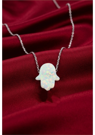 Çekirdekjewelry Opal Taşlı Fatma Eli Kolye 925 Ayar Gümüş Işıltılı Ve Zarif Hediye Gümüş