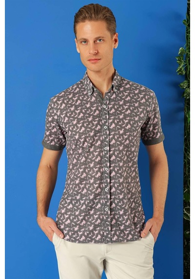 Efor Slim Fit Düğmeli Yaka Desenli Kısa Kol Pamuk Füme Gömlek G 1504 Füme