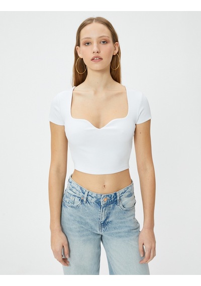 Koton Kalp Yaka Crop Tişört Ribanalı Kısa Kollu Slim Fit Ekru 4sal10808ık Ekru