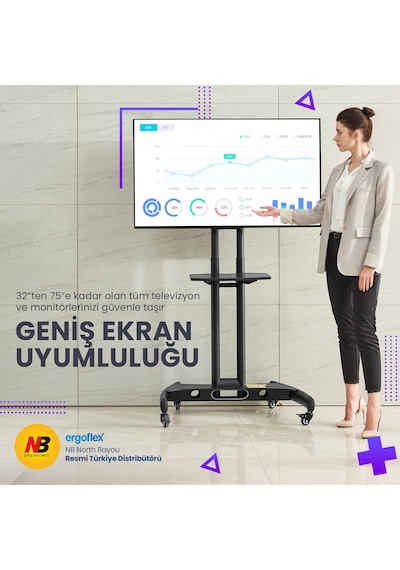 Nb Ergonomic Nb Ava1500-60-1p Lcd Led Oled Plazma Düz Panel Ekranlar İçin 32-75 İnch Tuv Sertifikalı Tekerlekli Profosyonel Tv Sehpası