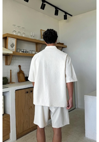 Flaw Krem Basic Oversize Kısa Kol Keten Gömlek Bej-26089 Bej