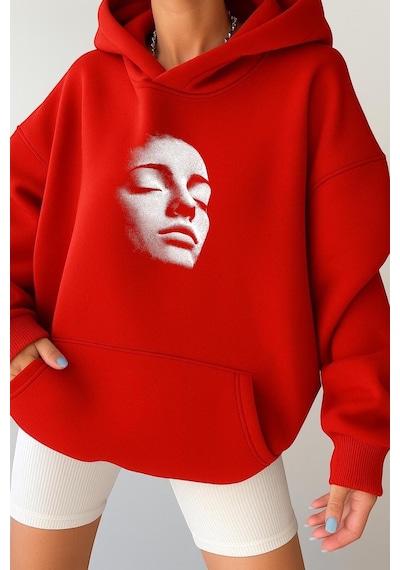 Benroma 3 İplik Penye Silüet Unisex Kapüşonlu Sweat Kırmızı