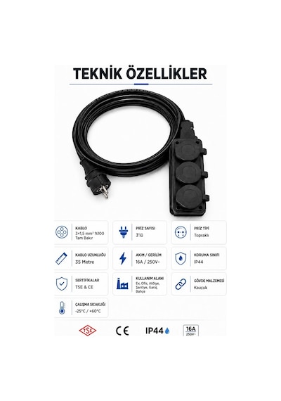 Öznur Kablo Seyyar Uzatma Kablosu 35 Metre Ttr 3x1,5 Mm %100 Tam Bakır Kablo Seldur 3'lü Kauçuk Grup Priz Orel Kauçuk Fiş Ip54 Ip44 35 M