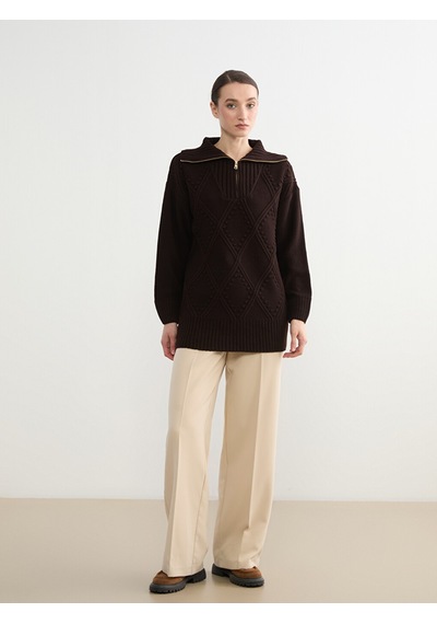 Lcw Modest Kahverengi Polo Yaka Baklava Desenli Kadın Triko Tunik