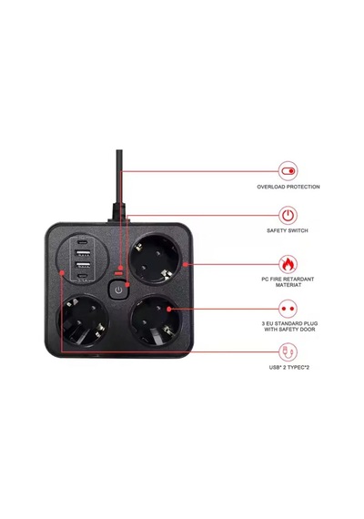 Akım Korumalı Anahtarlı Priz - 3x Priz - 2x Usb - 2x Type-c - 2 Mt Kablo Hızlı Şarj Özellikli Siyah 11318708