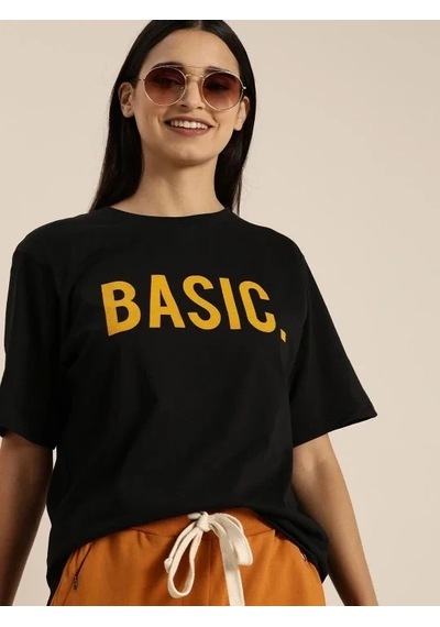 Kadın Kısa Kol Yazlık Tişört Bisiklet Yaka Basıc Baskılı T-shirt - Siyah