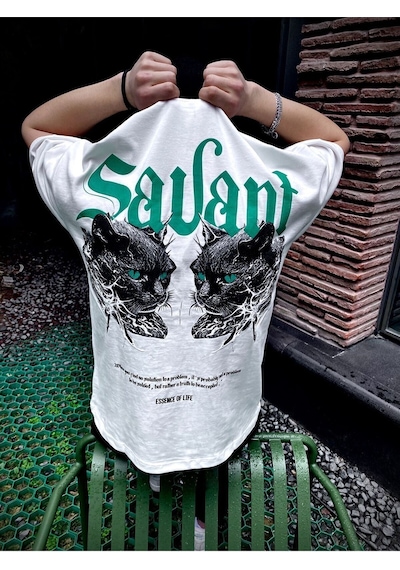 Oversize Baskılı Bisiklet Yaka T-shirt Beyaz