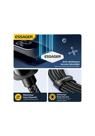 Essager 1 Metre 29w Pd 3a Type-c To Lightning Hızlı Şarj Ve Data Kablosu Dijital Güç Göstergeli 480mbps Desen - Ben10