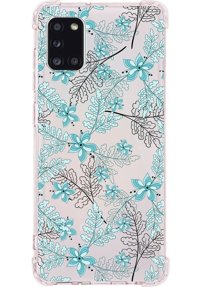 Samsung Galaxy A31 Uyumlu Köşe Korumalı Antişok Kapak Floral Su Yeşili Tasarımlı Şeffaf Kılıf