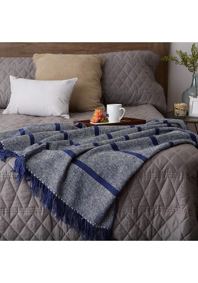 Lacivert Çizgili Homespun Örtü, 50x60 6,35 Cm Püsküllü Çok Renkli