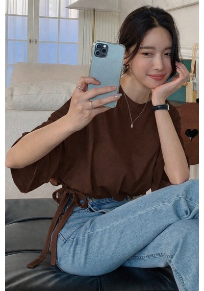 Kadın Oversize Basic Haki Tişört Yan Bağlamalı Rahat Kesim Günlük Yazlık T-shirt Kahverengi