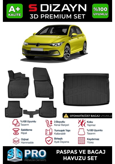 S-dizayn Vw Golf 8 Otomatik 3d Pro Havuzlu Paspas Ve Üst Bagaj Havuzu Seti 2'li Set 2021-2024 A+ K