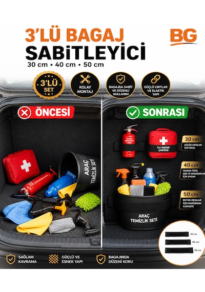 3'lü Oto Bagaj Düzenleyici Elastik Cırtlı Bant Araba Bagaj Eşya Sabitleyici Araç Bagaj Organizeri Tek Ebat