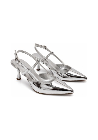 Asmi Shoes Kadın Matina Gümüş Rugan 7 Cm Topuklu Sivri Burun Arkası Açık Ayakkabı GÜMÜŞ