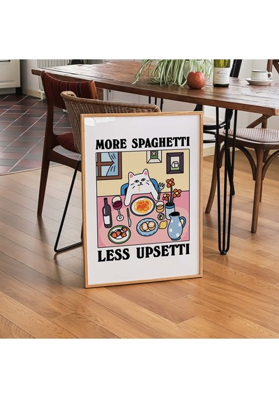 Daha Fazla Spagetti Daha Az Pişmanlık Kedi Baskısı, Retro Lokanta Posteri, Bistro Yemek Makarna Posterleri