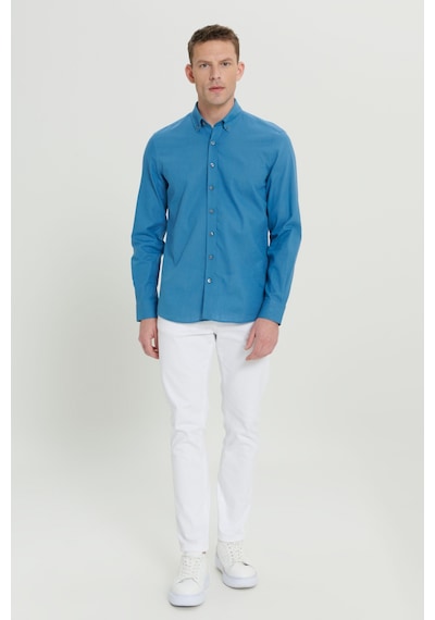 AC&Co / Altınyıldız Classics Tailored Slim Fit Dar Kesim Düğmeli Yaka %100 Pamuk Erkek Gömlek Petrol